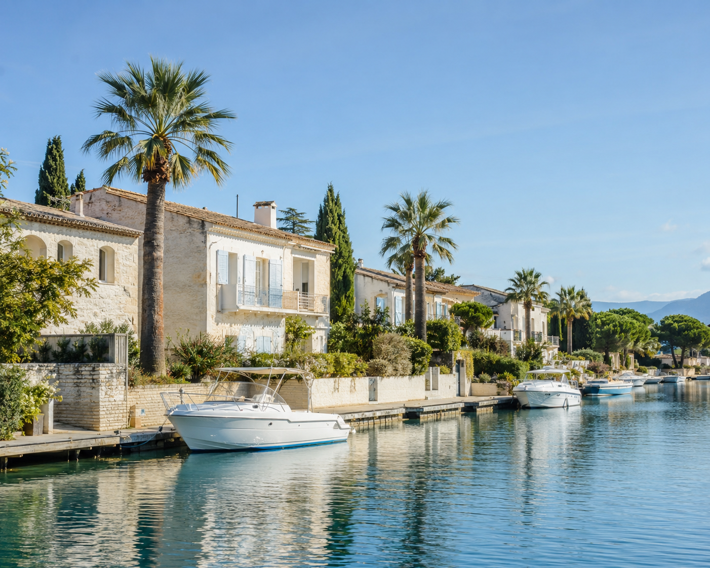 Marina méditerranéenne bordée de maisons et de palmiers