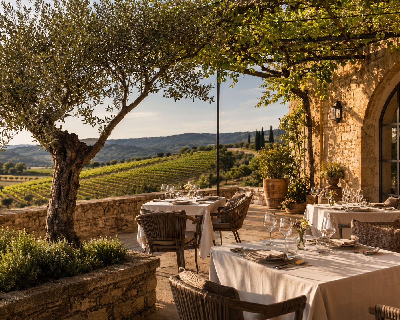 Terrasse de restaurant avec vue sur les vignobles