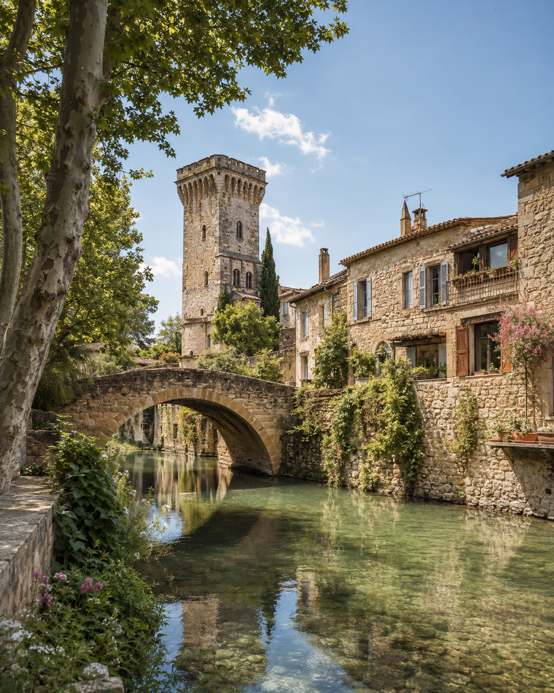 Village occitan en pierre traversé par un canal